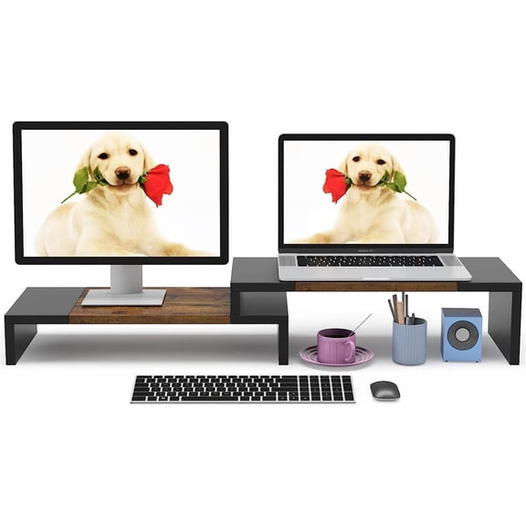 Dual Monitor Stand - Riser 2 Shelf Computer with Adjustable Length and Angle, Stands for Monitors, Desktop Organizer PC, Computer, Laptop