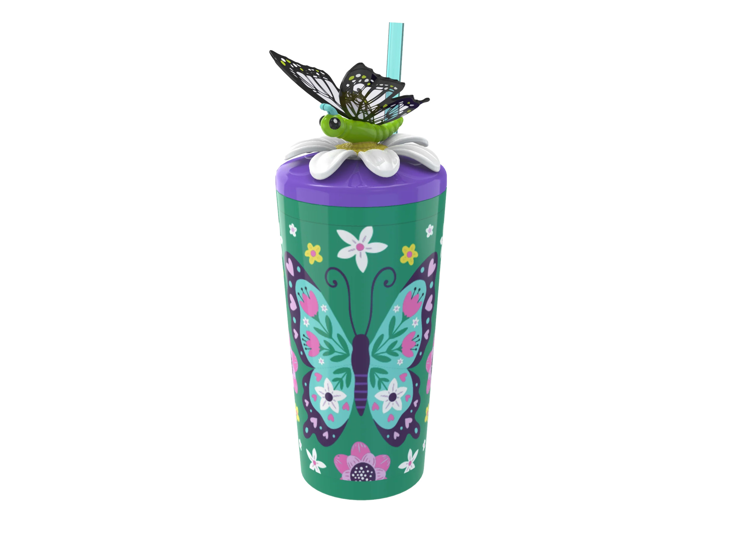 Cool Gear 4-Pack 18 oz Fun Toppers Butterfly Character Lid Tumblers with straw included | Durable, Reusable Water Bottle Gift for Kids, Adults - image 4 of 5