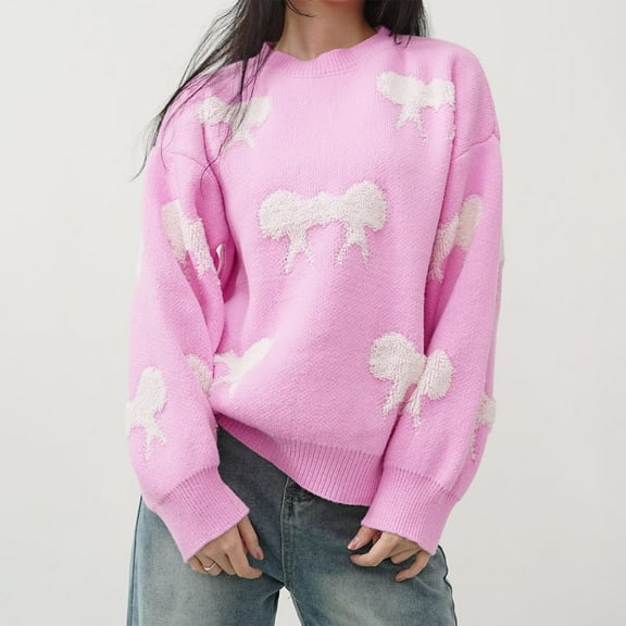 EchfiProm Winter Women Sweaters Pink Pullover Loose Solid Bow Long Sleeve Crew Neck Knit Sweater Top Free Size