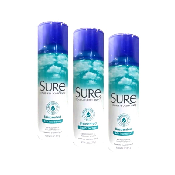 Sure Anti-Perspirant & Deodorant Aerosol, Unscented 6 oz ( Packs of 3)