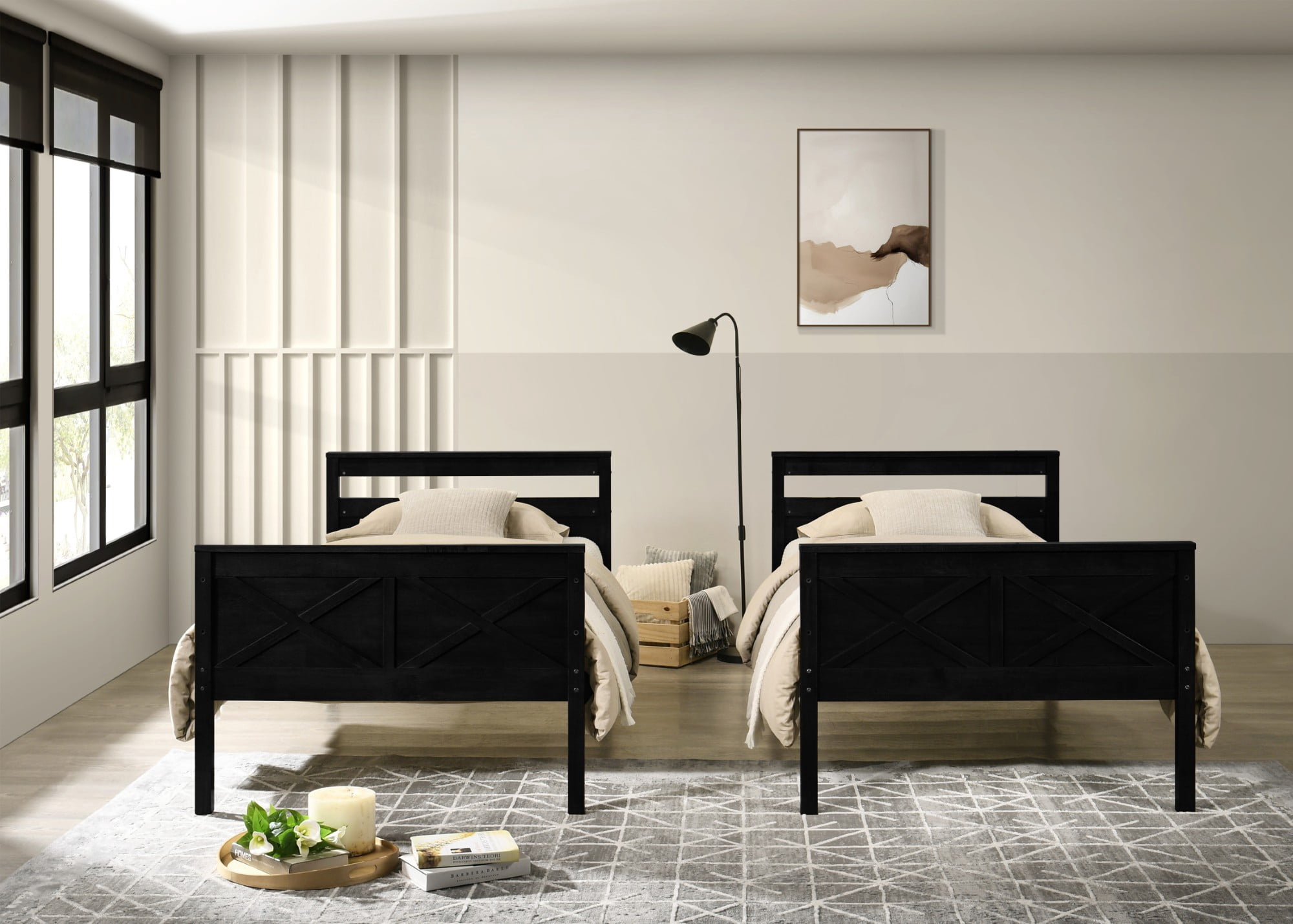 Home Design Exeter Twin Over Twin Solid Wood Bunk Bed Frame with Guardrails and Ladder, Black, Easy Assembly