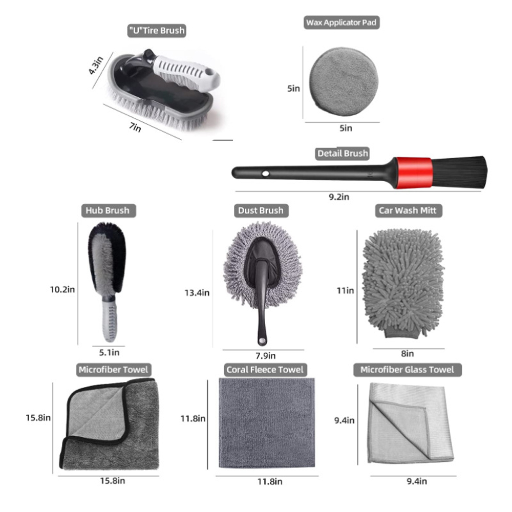 Car Washing Tool Wheel 10PCS Car Wash Cleaning Tools Kit Automobile Detailing Brush Dash Duster Brush Washing Mitt Towels Tire Hub Brush Wax Applicator Pad with Storage Bag for Interior Exterior