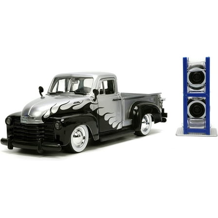 1953 Chevrolet 3100 Pickup Truck Silver Metallic with Black Flames w/Extra Wheels "Just Trucks" 1/24 Diecast Model Car by Jada
