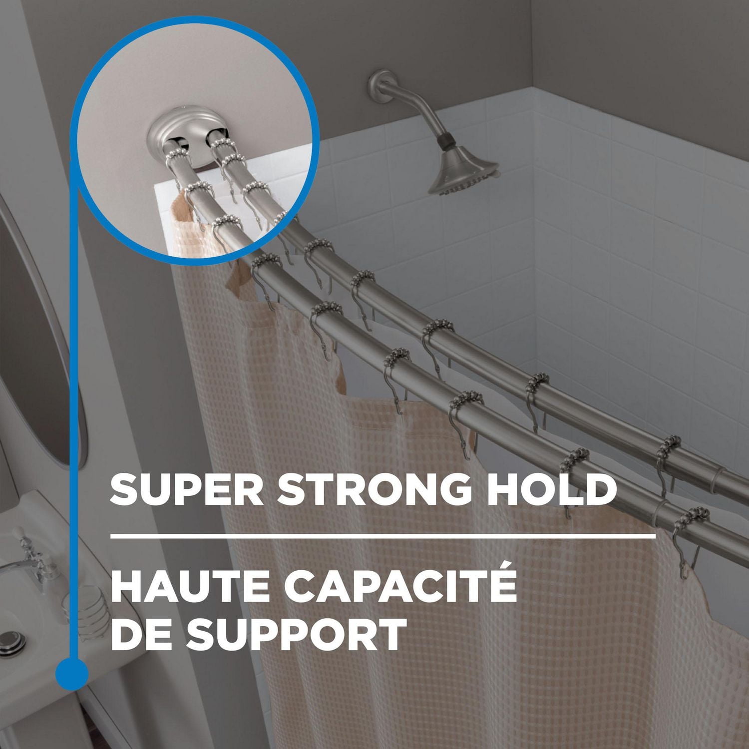 Mainstays Smart Rods Adjustable Double Curved Tension Shower Curtain Rod, 50" to 72", Brushed Nickel