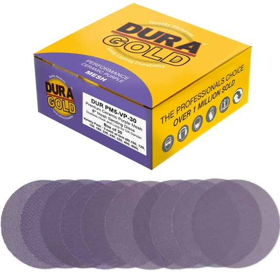 Dura-Gold Premium 5" Purple Ceramic Mesh Sanding Discs, 30 Disc Variety Pack, Grits 80, 100, 120, 150, 180, 220, 240, 320, 400, 600 - Dustless Hook & Loop Backing Sandpaper, DA & Random Orbital Sander