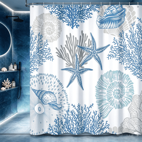 SUNOLIFE Coastal Beach Shower Curtains Nautical Ocean Theme Fabric Bathroom Curtain,72x72 in