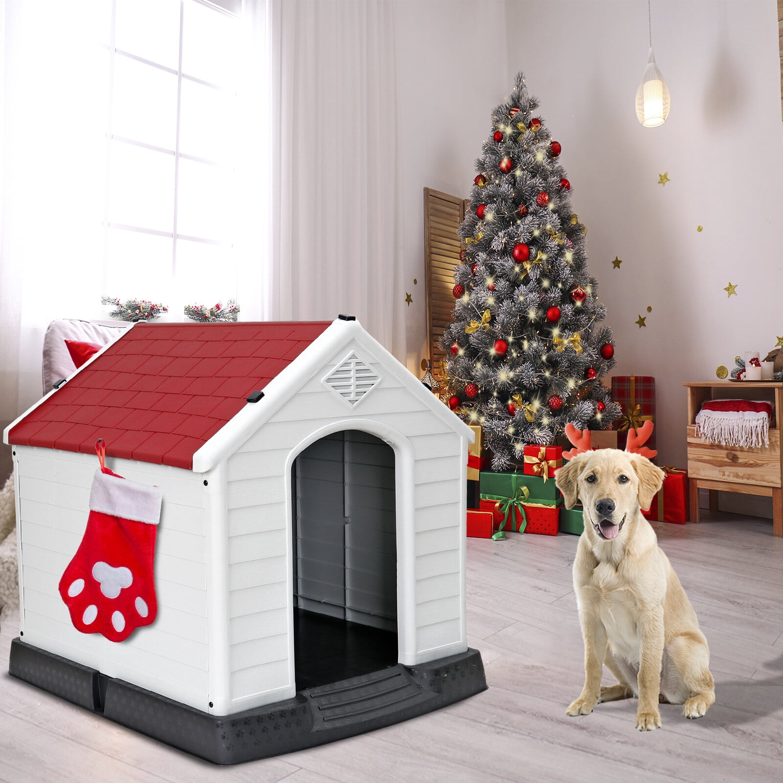 HomGarden 28-inch Plastic Dog House Medium Pet Puppy Shelter Waterproof Kennel Indoor Outdoor Red