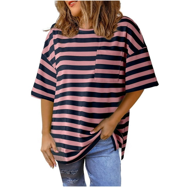 Hyknon Womens Tops Summer Fashion Striped Printed Loose Plus Size T Shirts Round Neck Short Sleeve Pullover Versatile Tops