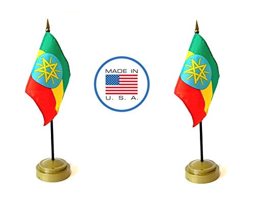 Made in The USA 2 Ethiopia Rayon 4x6 Miniature Office Desk & Little Hand Waving Table Flags Includes 2 Flag Stands & 2 Small Mini Ethiopian Stick Flags 