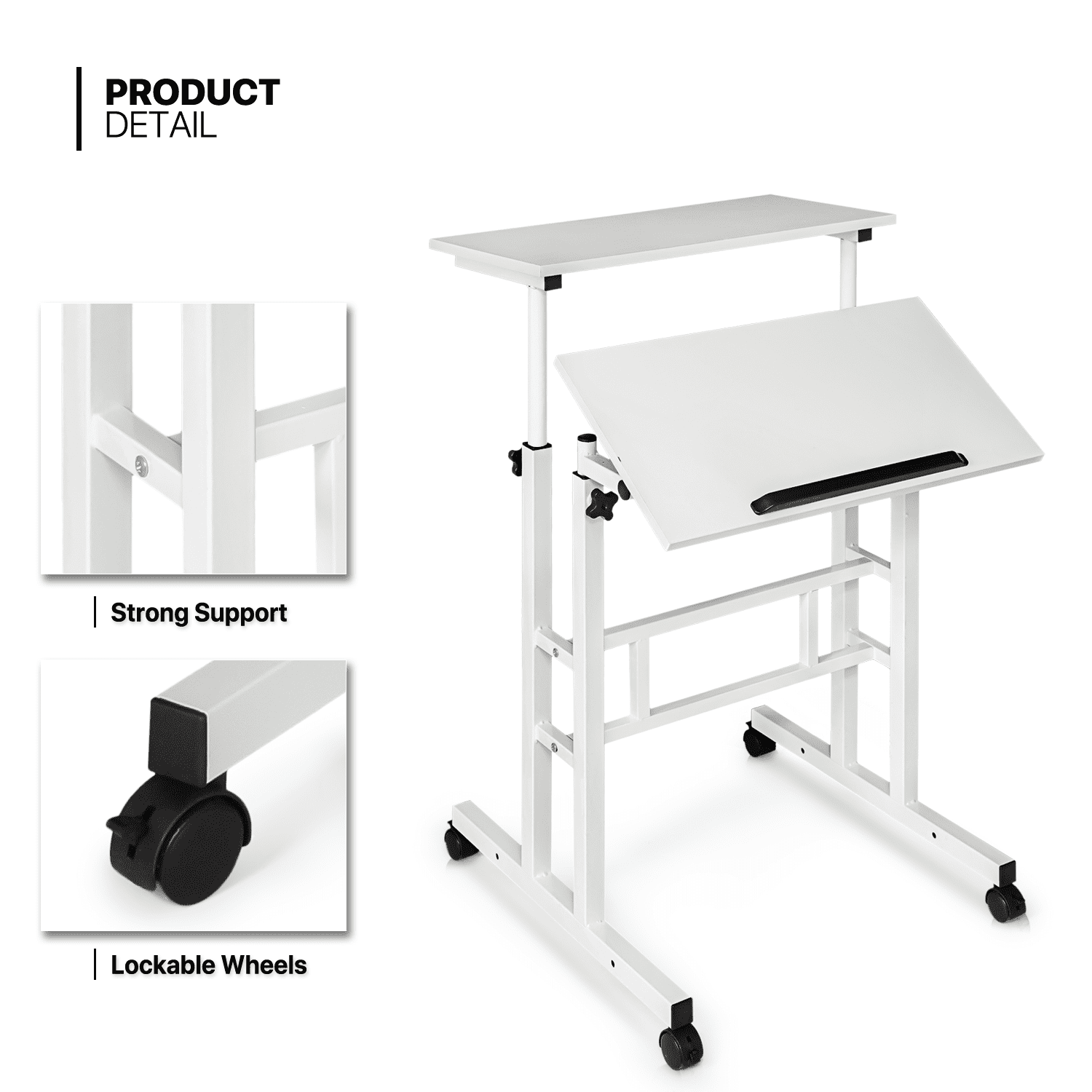 MoNiBloom Mobile Standing Desk, Adjustable Rolling Computer Desk, Portable Laptop Table Home Office Laptop Workstation with Wheels, White