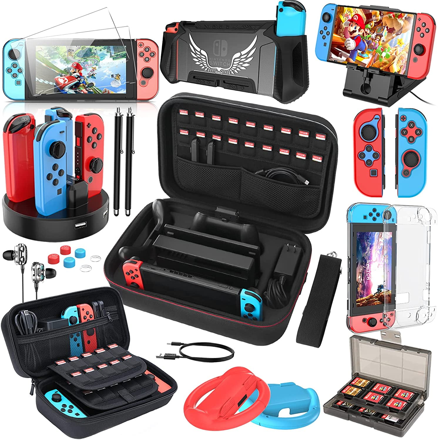 skive vokal Bøde HEYSTOP Compatible with Nintendo Switch Old Case Accessories Package  Compatible switch oled ,switch old case,25 in 1 Accessories Gift Kit Grip  Cap Joycon Charger Wheel Grip TPU Game Card Box Epic Pack -