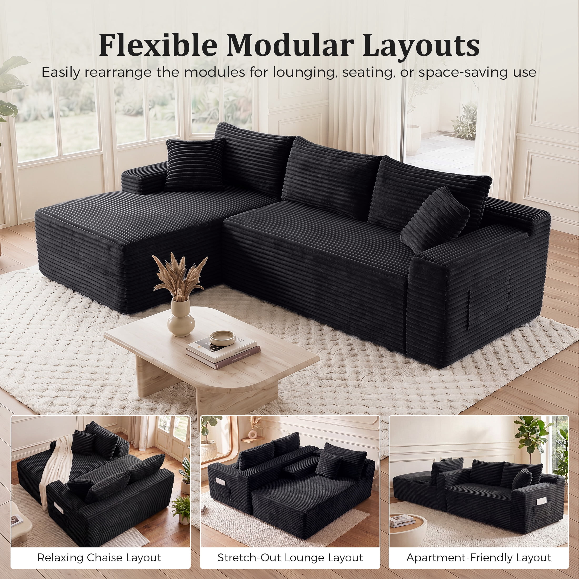 Aenkyo 95 Inch Corduroy L-Shaped Modular Sectional Sofa, Left Chaise, Black