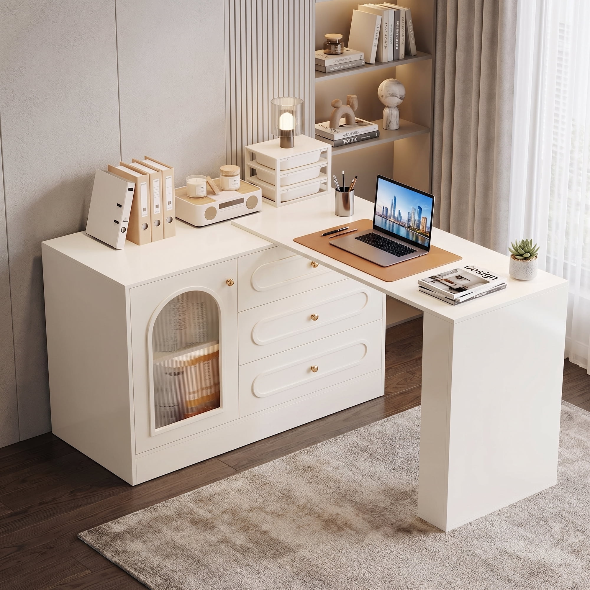 Fnova 360° Reversible L-Shaped Computer Desk, Corner Desk with 3 Drawers Cabinet, Writing Table Workstation with Adjustable Shelves, White