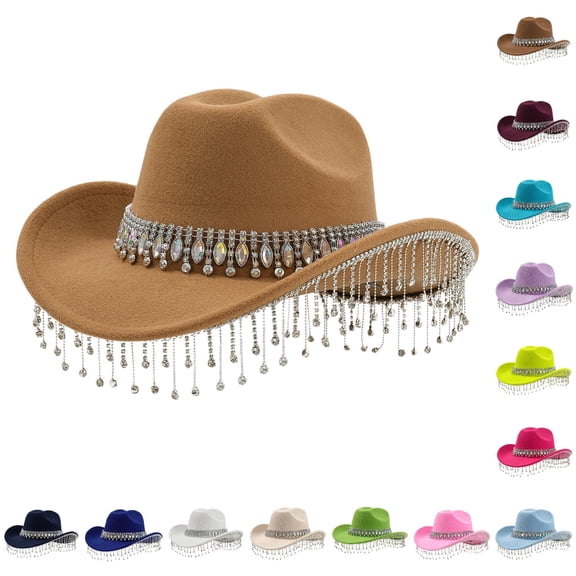 XIAOCHA Long Rhinestone‑Chain Fringe Cowboy Hat for Women Solid Shapeable‑Brim Party Hat Rodeo Western Cowboy Hat,Khaki