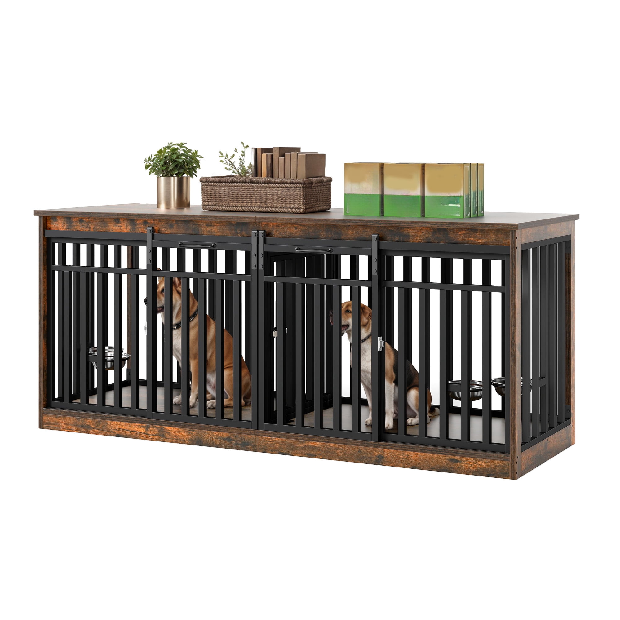 Craftian 71In Farmhouse Dog Crate TV Stand, Wooden Dog Kennel Furniture with 4 Dog Bowls, Large Dog Crate Furniture for 2 Dogs - Rustic Brown