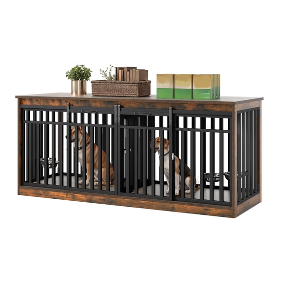 ModFusion 70.9" Double Dog Crate Furniture – Black Iron Frame & Retro Brown Wood Panels, Fits Two Large Dogs up to 110 lbs Each
