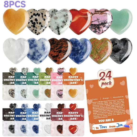 Valentines Day Gem Gifts for Kids - 8 Pack Prefilled Valentines Day Cards with Heart-shaped Gemstone for School Classroom Class Party Favor, Valentine Rock Crystal Gift Exchange for Boys Girls