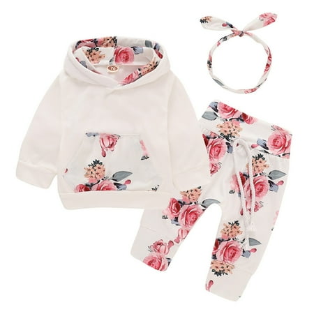 

simu Valentines Day Girls Outfits Toddler Baby Girls Floral Printed Hooded Pullover Tops Pants With Headbands Clothes Outfits Set for Birthday Wedding