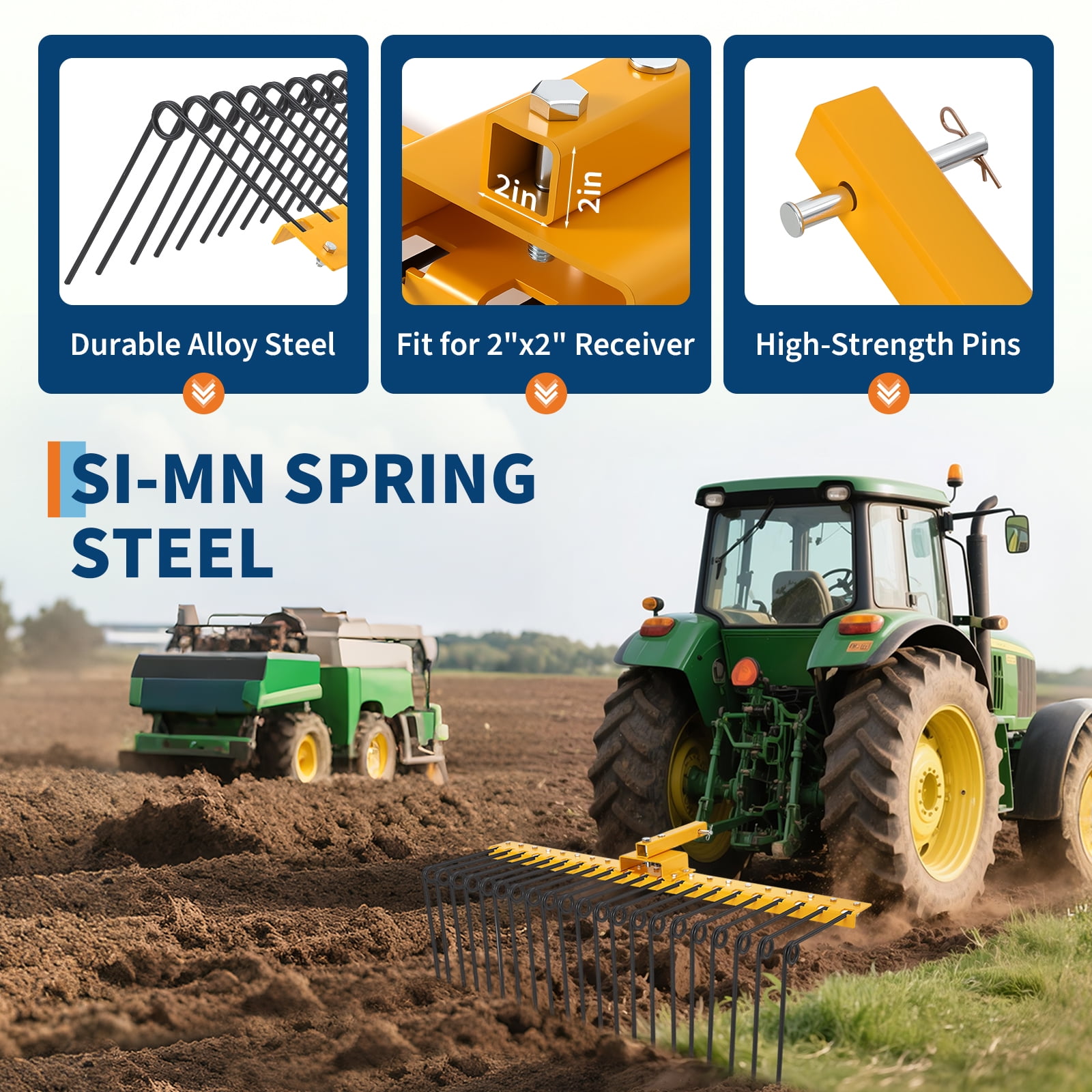 Mescukay Tow Behind Landscape Rake, 60" Tow Dethatcher with 21 Steel Coil Tines, Lawn Dethatcher Rake Attaches Toolbars and 3-Point Suspension Systems, for Leaves, Pine Needles, and Grass