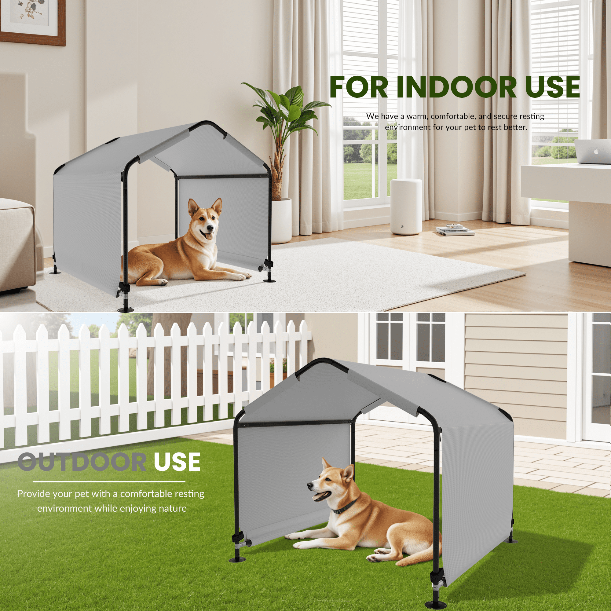 Outdoor Dog Shade Shelter 4'x4'x3' Portable Dog Tent Sun Rain Canopy for Outside Pet House for Large Medium Dogs, Cats, Pigs w/ Waterproof Roof, Ground Nails, Gray