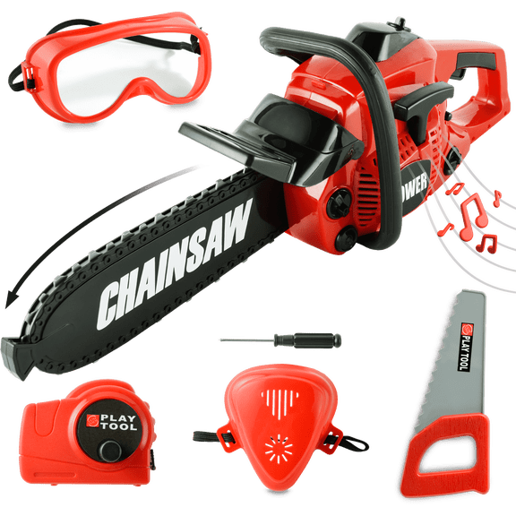 YCFUN Toy Chainsaw for Kids, Play Chainsaw Toy Set with Real Sounds and Plastic Chain, Gardening Tool Toys with Saw and Mask for Boys Girls Ages 3