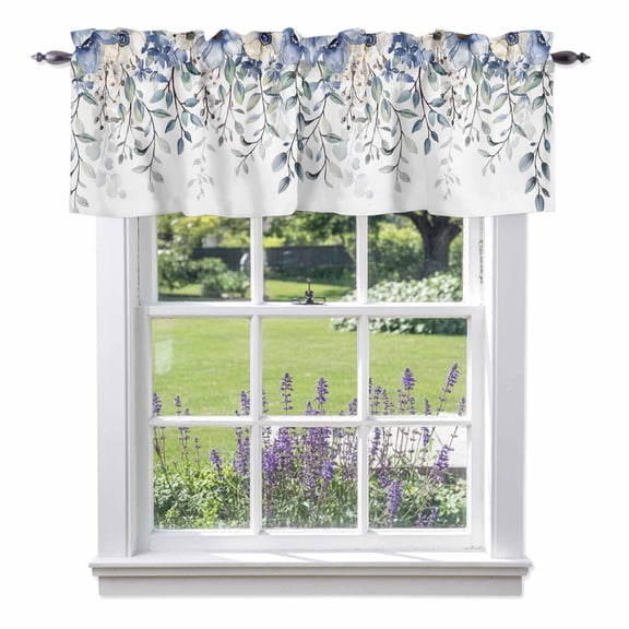 Blue Green Valances for Windows, Flowers Eucalyptus Leaves Farmhouse Botanical Valance Window Treatment Rod Pocket Short Curtains Valances for Kitchen Bathroom 42"W x 12"L