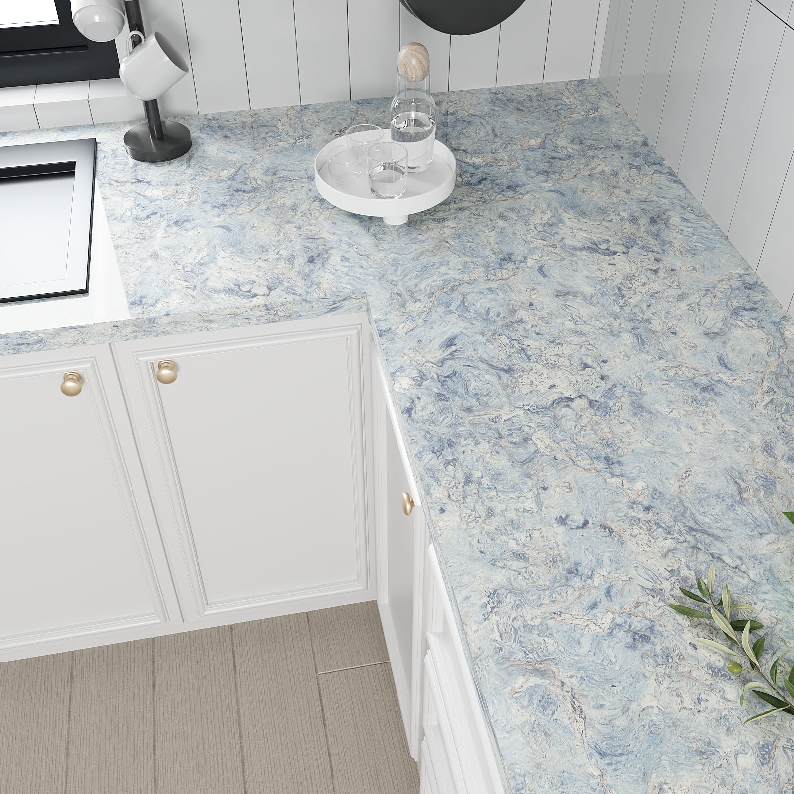 VEELIKE Glossy Cream Blue Marble Countertop Contact Paper Waterproof Kitchen Countertop Peel and Stick Granite Contact Paper for Countertops 15.7''x354'' Removable Marble Wallpaper for Walls Cabinets