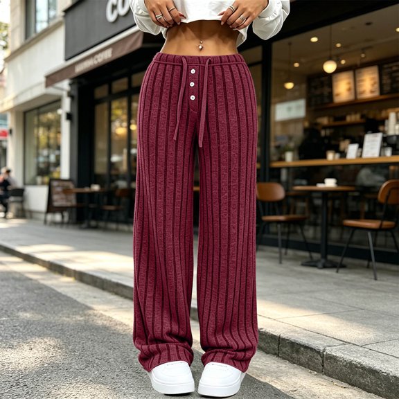 BRELIL Women's Wide Leg High Waisted Ribbed Casual Lounge Pants Long Pajama Pants Fall Winter Fashion Outfits Loose Baggy Trousers for Party, Wine S