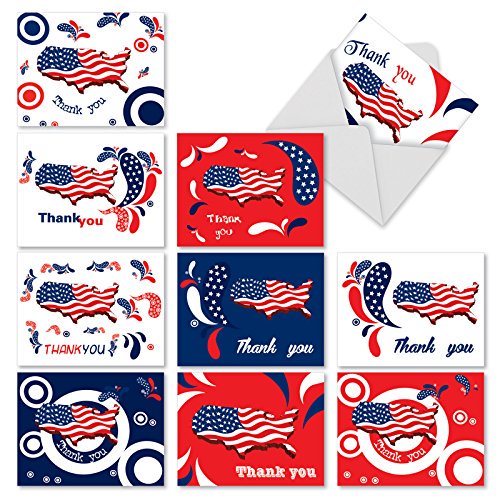 10 Patriotic Thank You Cards Bulk (4 x 5.12 Inch) United States Map