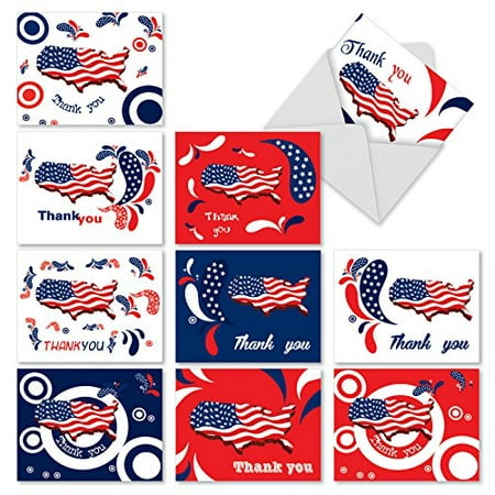 'M2376TYB UNITED THANKS OF AMERICA' 10 Assorted Thank You Notecards Featuring the United States Map Depicted in Patriotic Stars and Stripes with Envelopes by The Best Card