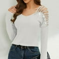 thumbnail image 5 of Summer Oversize Tops For Women Solid Colort V-Neck Off The Shoulder Long Sleeve Casual Gym Workout Clothes White XL, 5 of 9