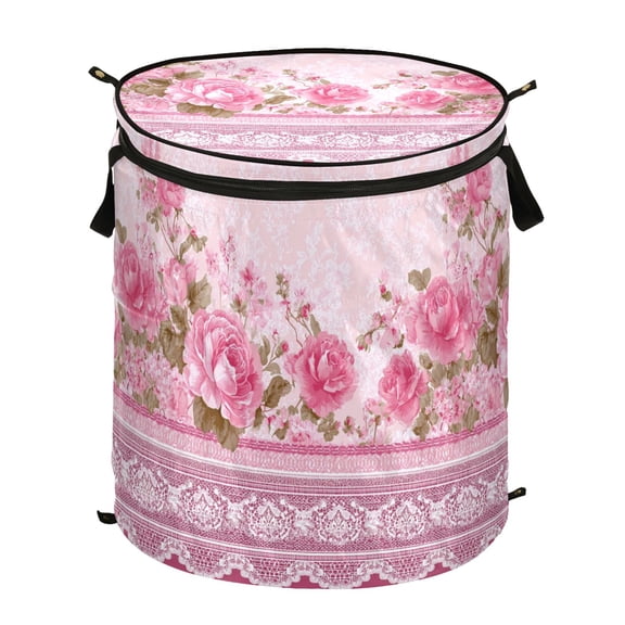 Pop-Up Collapsible Laundry Hamper With Zippered Lid Dual Handles 50L Lace Pattern