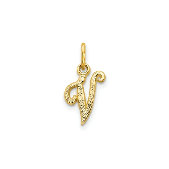 10k Yellow Gold Initial V Pendant Charm for Women or Unisex, Textured Script Alphabet Necklace Accent, Dainty Monogram Jewelry for Layering or Personal Identity