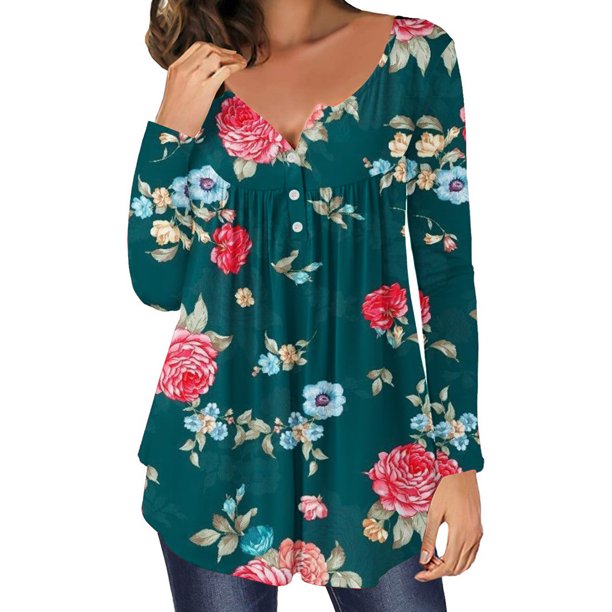 Pntutb blusa informal con estampado de flores sueltas y cuello redondo con botones abiertos y manga larga para mujer Pntutb Pntutb-1818