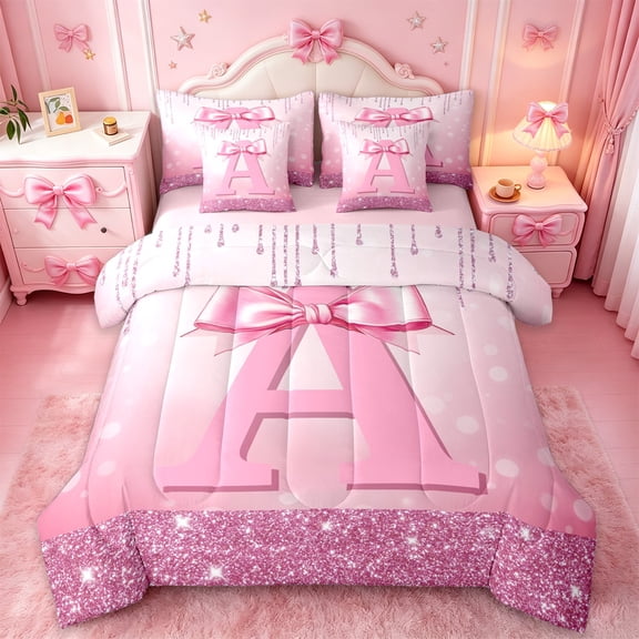jejeloiu Monogrammed A Twin Bedding Sets 7-Piece,Cute Girls Bowtie Bedding Comforter Set,Pink Glitter Print Sheet Sets For Child,Microfiber Room Decorative Reversible