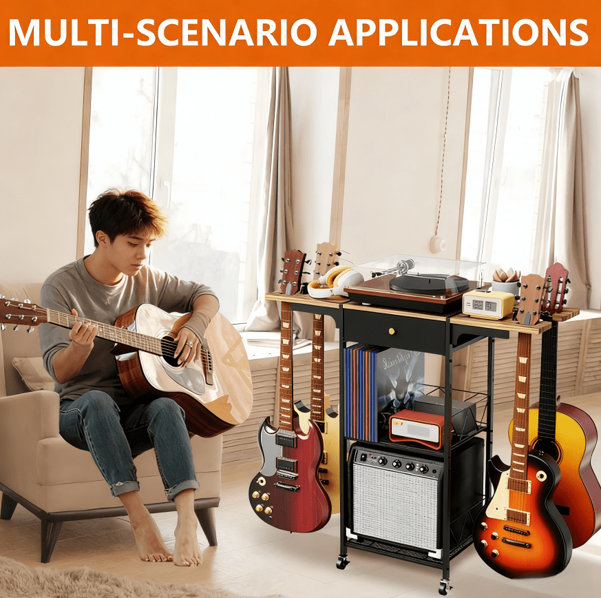 【Mulaibdin】Portable 3-Tier Rolling Guitar Stand with Amp Stand & Drawer, Spacious Organizer for Music Room, Bedroom & Living Room