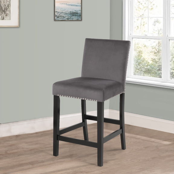 Kate 40 Inch Wooden Counter Height Chair with Velvet Seat Set of 2 Gray - Saltoro Sherpi