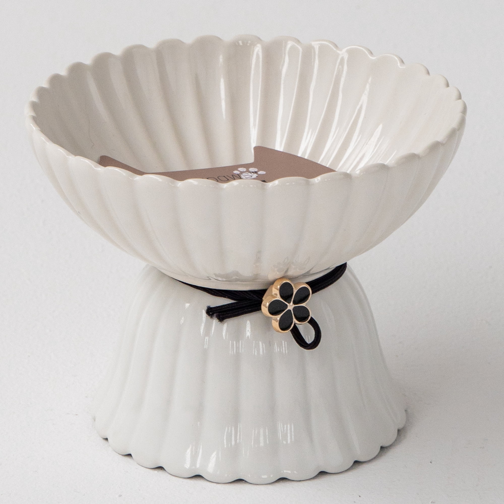 Dexypaws: Elevated Ceramic Bowl For Cats - White & Black Flower - 8.45oz Capacity, Pet Feeding Dish, Dishwasher Safe, Food & Water, Ergonomic Height