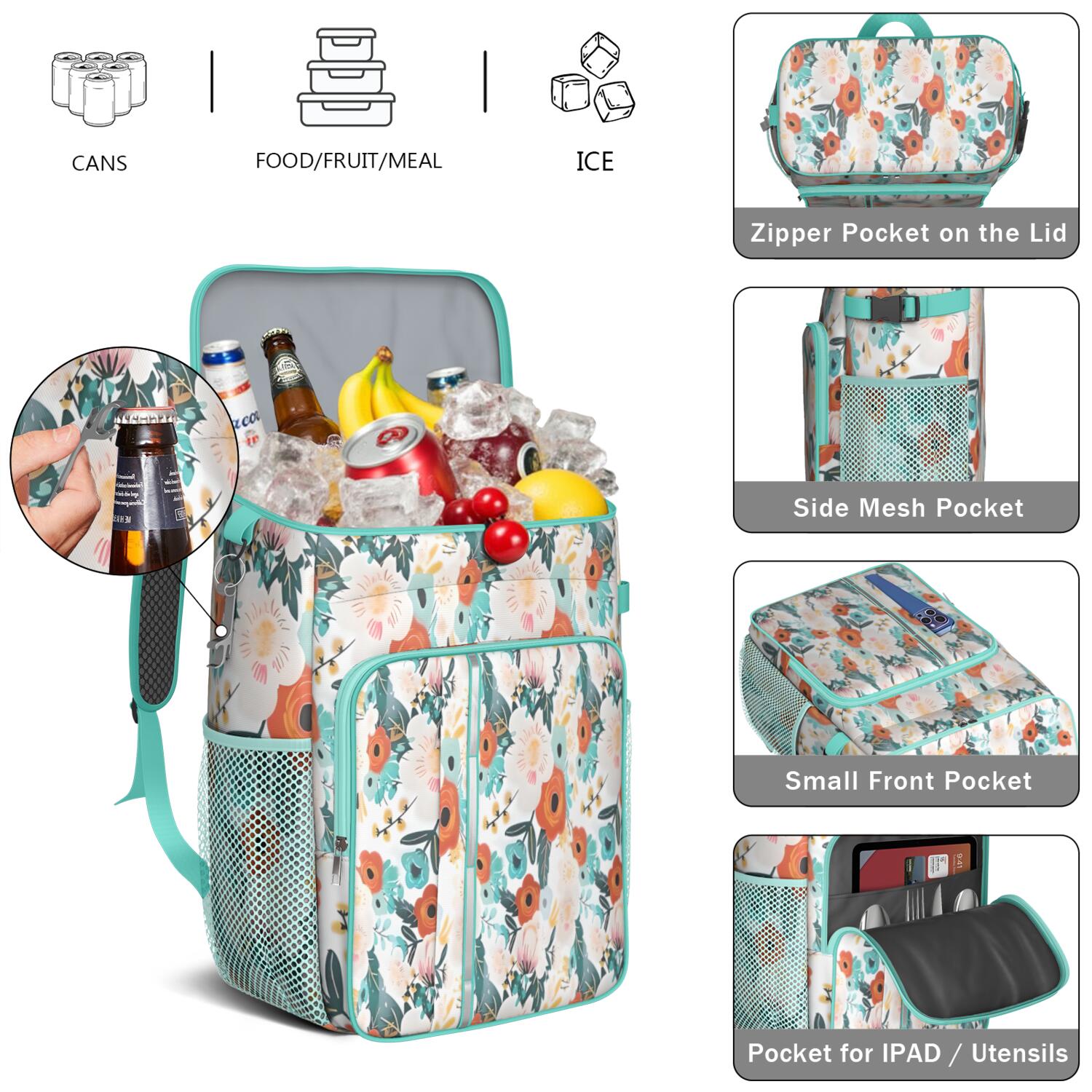 Travel Cooler Bag - Pioneer Flower Floral Print Pattern Camping Beer Cooler Backpack with Bottle Opener- Waterproof Insulated Picnic Backpacks - Cooler Bag for Beach