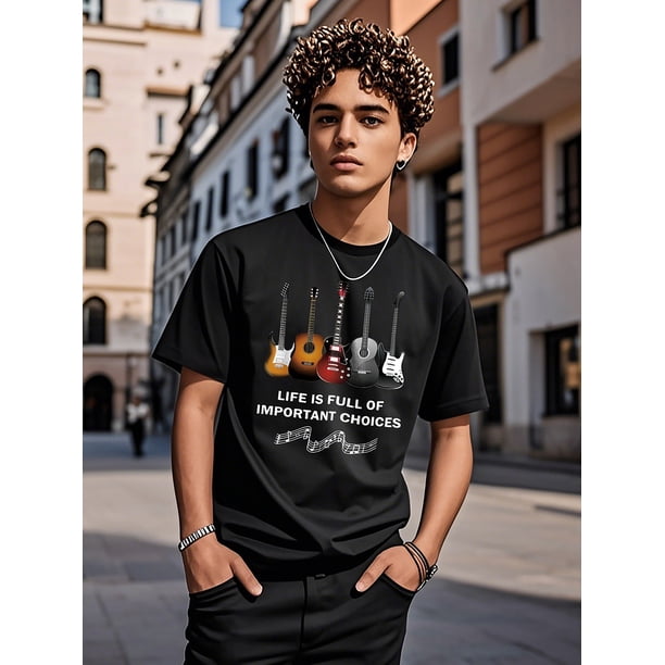 Youth Casual Short Sleeve T-Shirt with Guitar Graphic Print - Lightweight Stretch Knit Fabric, Regular Fit Round Neck Tee for Spring/Summer Outdoor Activities, Musician Apparel, Comfortable Texture