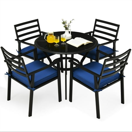 Giantex 5 piece Patio Dining Set Outdoor Table w/Bistro Table & 4 Cushioned Chairs Table Set w/Round Tempered Glass Tabletop & Metal Frame for Porch Backyard Garden
