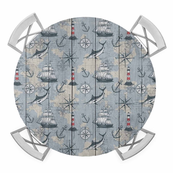 Blue Seaports Round Tablecloth for 36-44 Inch Tables,Fitted Table Cover with Elastic Edge,Vintage Ocean Anchor Shark Farmhouse Wood Waterproof Outdoor Table Cloth Protector for Patio Garden Dinner