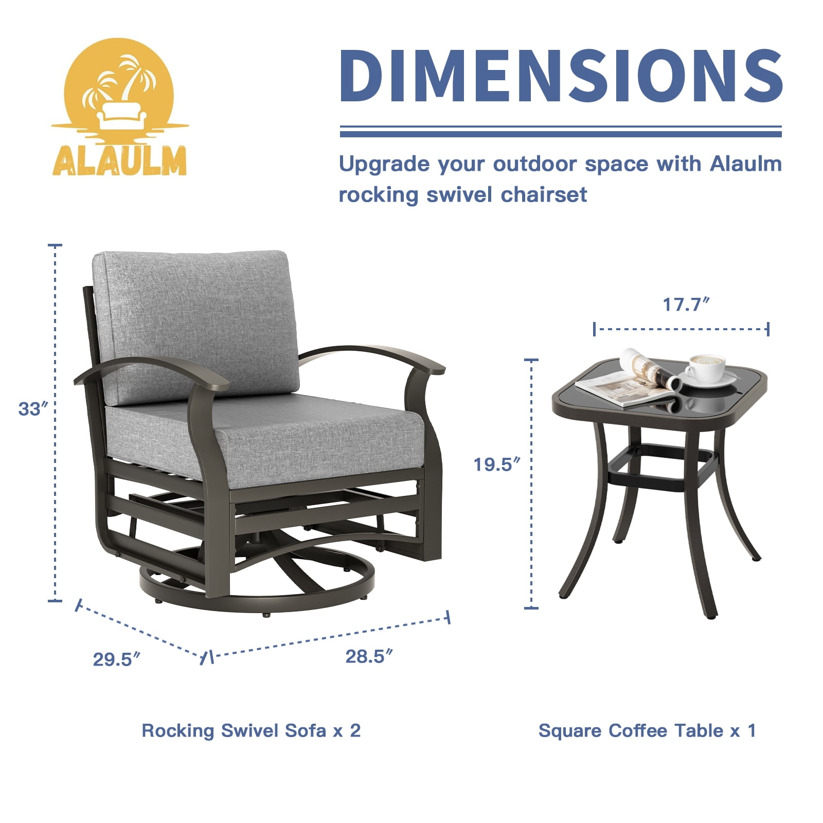 ALAULM 3-Piece Patio Outdoor Aluminum Metal Swivel Rocking Chair Set with 1 Coffee Table and 2 Grey Padded Cushions for Porch Garden