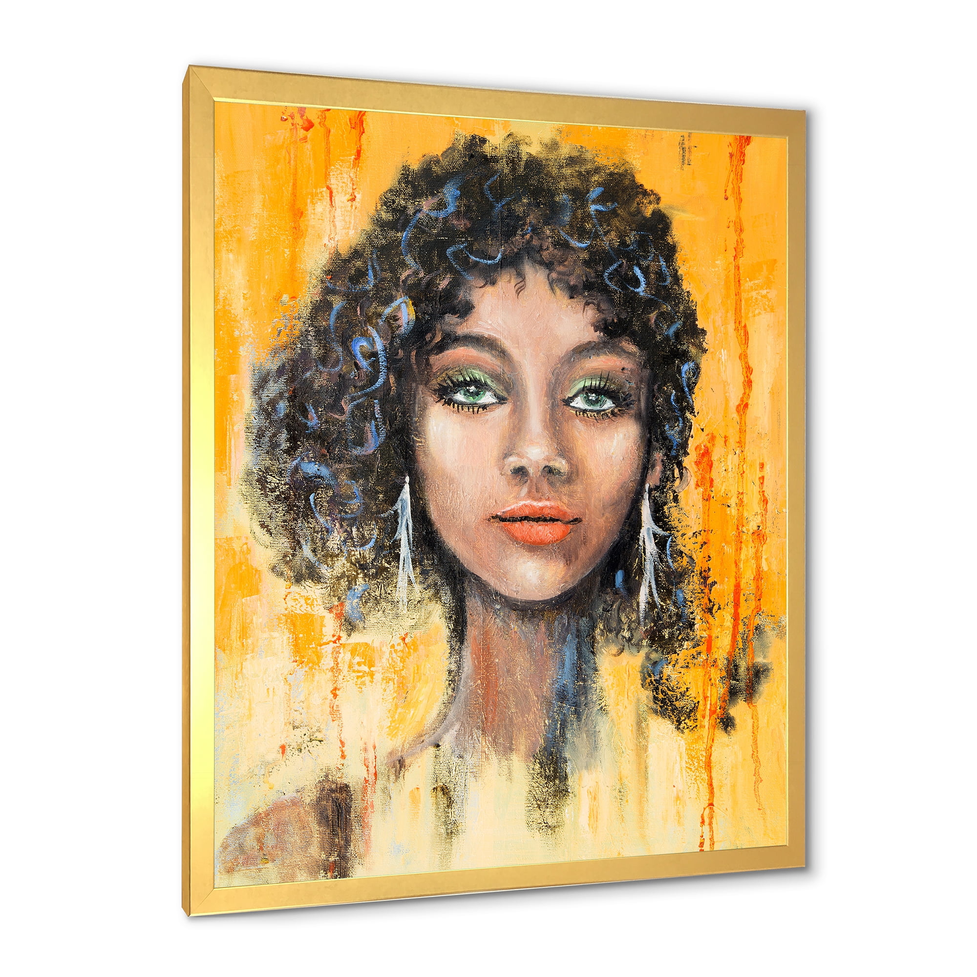 Designart 'Girl Face With Green Eyes & Black Hair Impression' Modern Framed Art Print