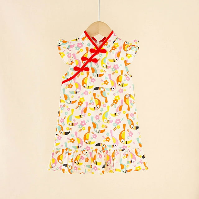 Robe pour Filles Été Style Chinois Manches à Volants Robe Décontractée Légère Respirante Mode Imprimé Robe Fille Orange 4 Ans-5 Ans