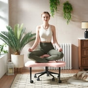 Pinmoco Cross Legged Office Chair, Pink Teddy Fabric Cute Ergonomic Swivel Vanity Chair, Heavy Duty Wide Seat for Bedroom & Home Office, Armless
