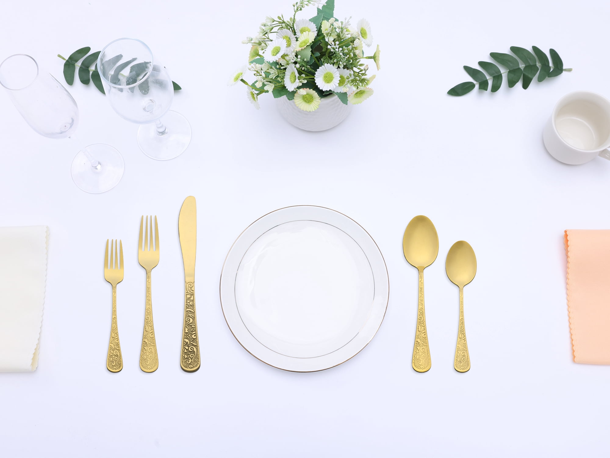 Unique Bargains 20 Pieces Stainless Steel Flatware Set Mirror Polished Cutlery Gold
