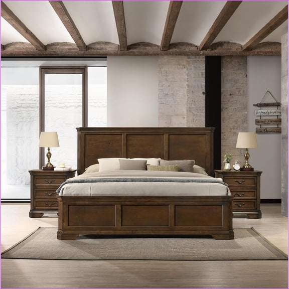 Bedroom Furniture Set, Traditional 3-Piece Queen Panel Bed with 2 Nightstands, Antique Walnut Brown | Solid Wood | Standard Beds