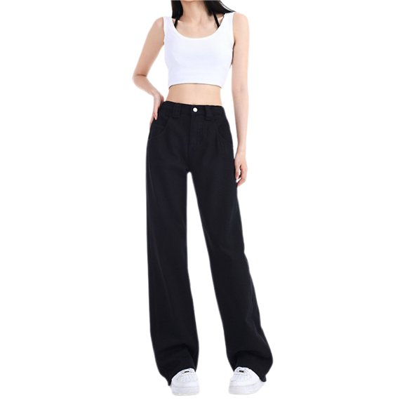 ManxiVoo Women's Classic Straight Leg Jeans High Waisted Comfort Fit Denim Pants with Stretch for Daily Wear S Size Black