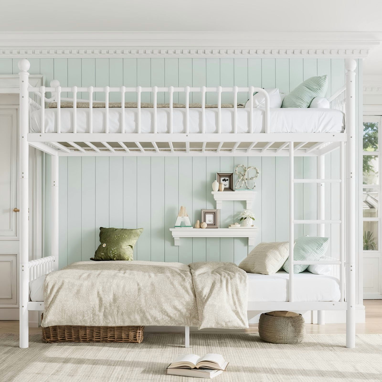 Twin XL over Twin XL Metal Bunk Bed with Curved Guardrail, Round Tube Bedpost Detachable Bed Frame for Kids, Teens & Adults